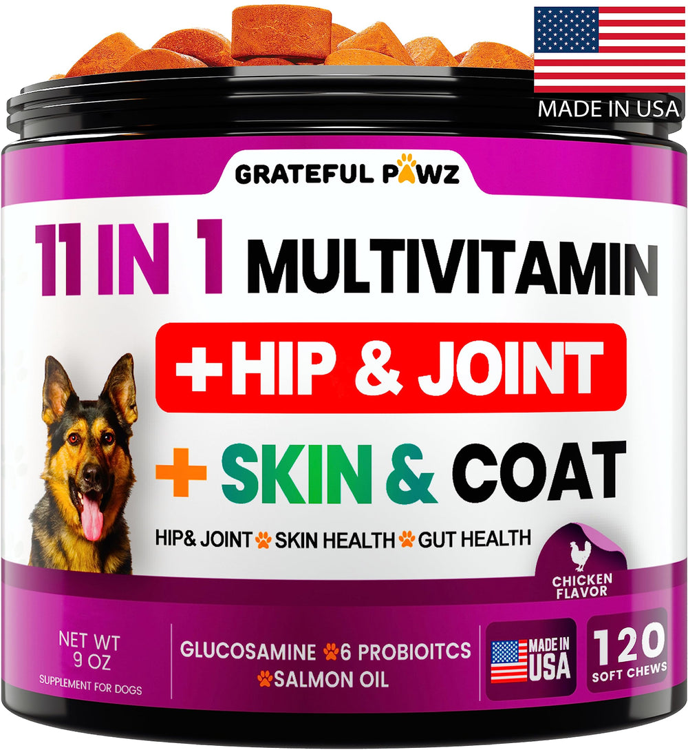 Grateful Pawz dog multivitamin chewable bottle-label highlights 11-in-1 formula