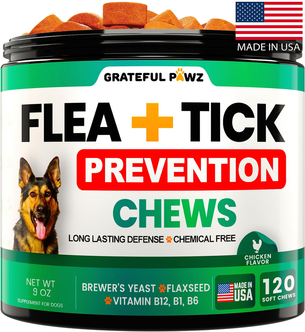 Grateful Pawz flea-tick chewables packaging showcasing USA-made quality for pet protection