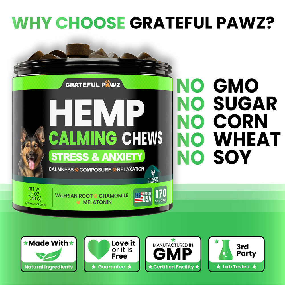 Grateful Pawz hemp calming chews ingredient panel hints at hemp and melatonin support
