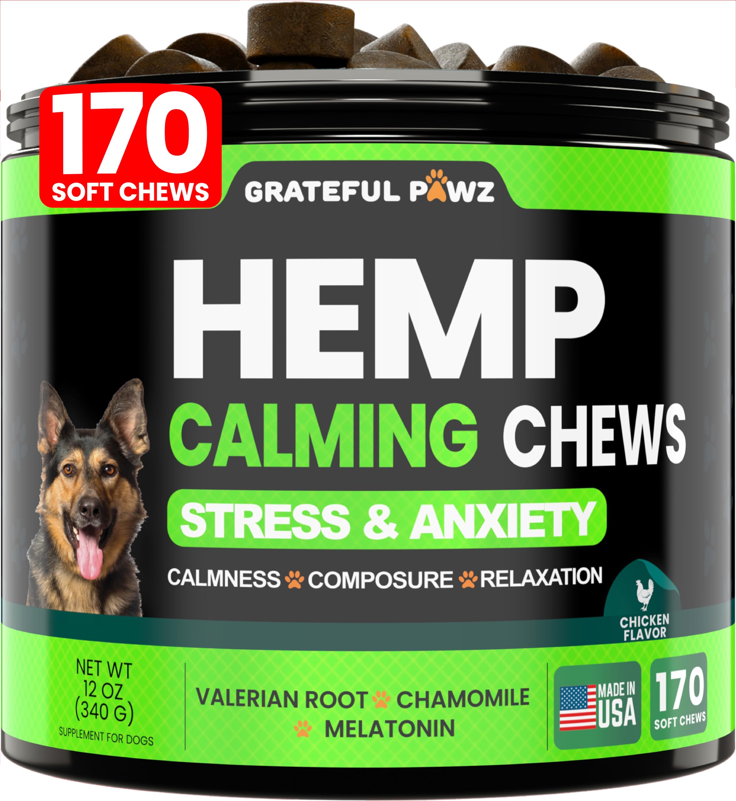 Grateful Pawz hemp calming chews jar close-up promising anxiety relief during storms