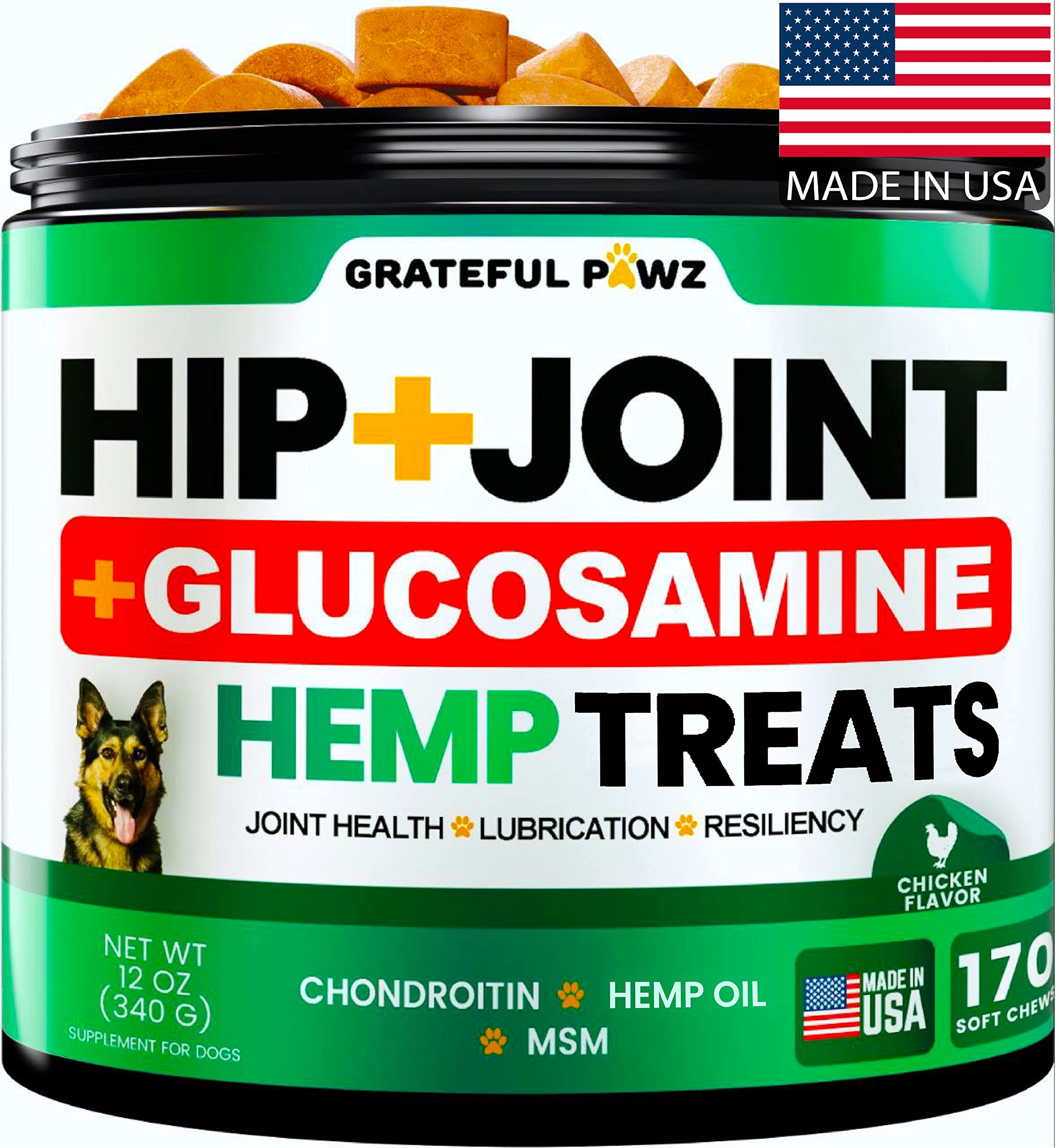 Grateful Pawz hip-joint supplement bottle promotes canine mobility and joint health