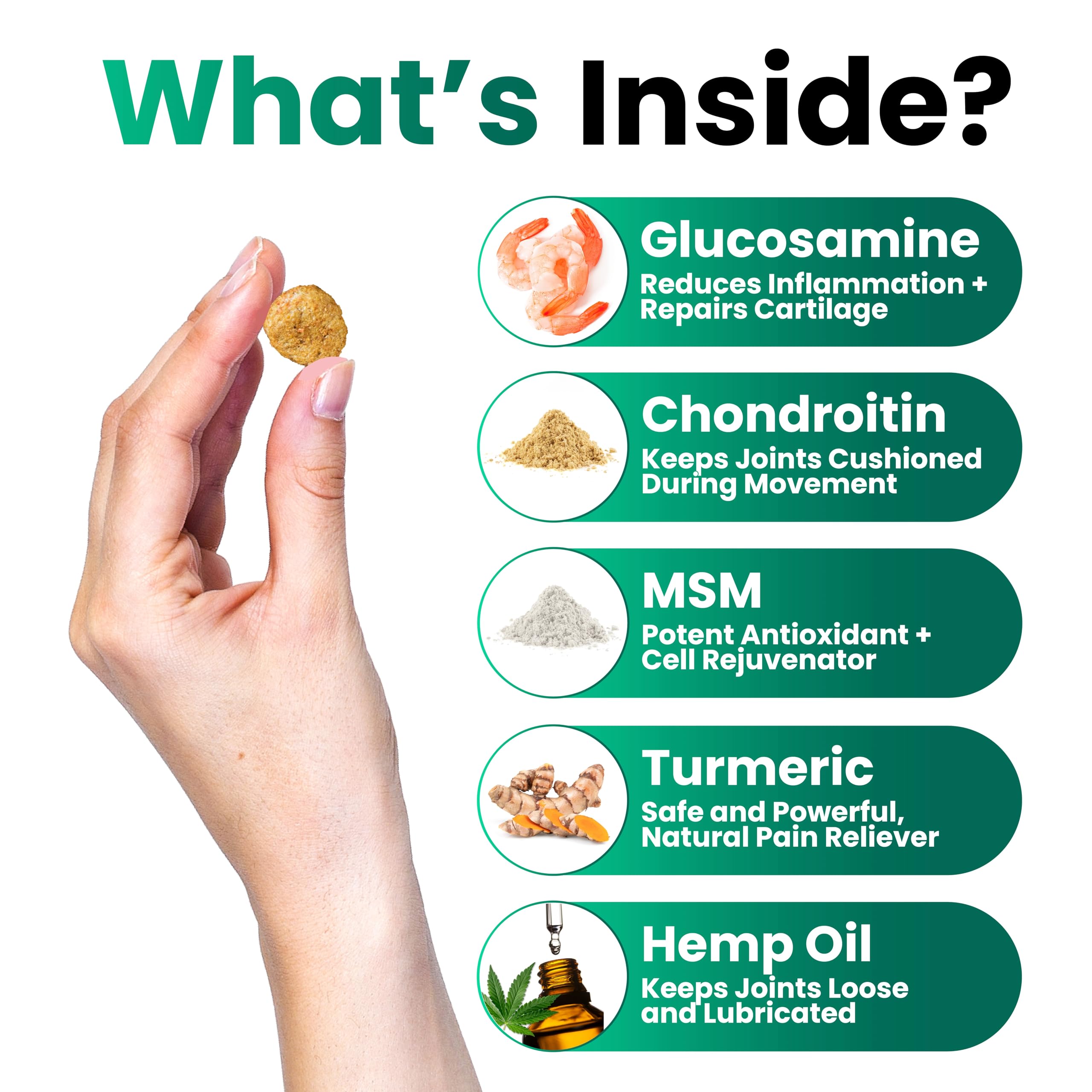 Grateful Pawz ingredients include glucosamine, chondroitin, MSM for joint lubrication