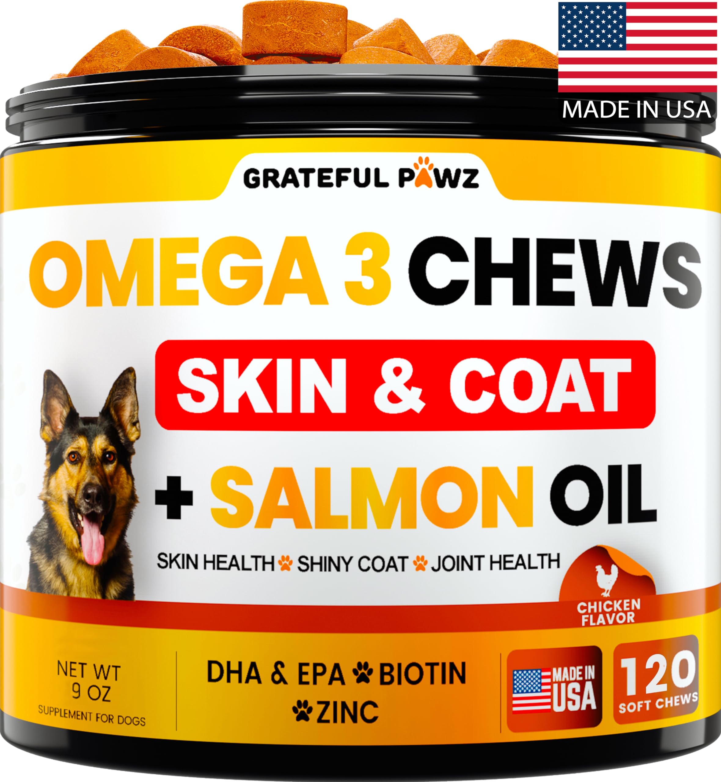 Grateful Pawz Omega3 dogs chews bottle shown, supporting joint health and shiny coat
