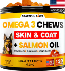Grateful Pawz Omega3 dogs chews bottle shown, supporting joint health and shiny coat