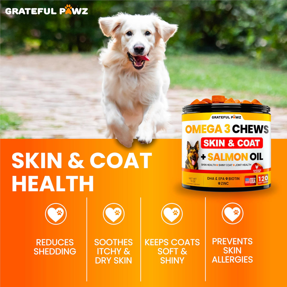 Grateful Pawz skin relief dog chews shown for itchy, dry skin support