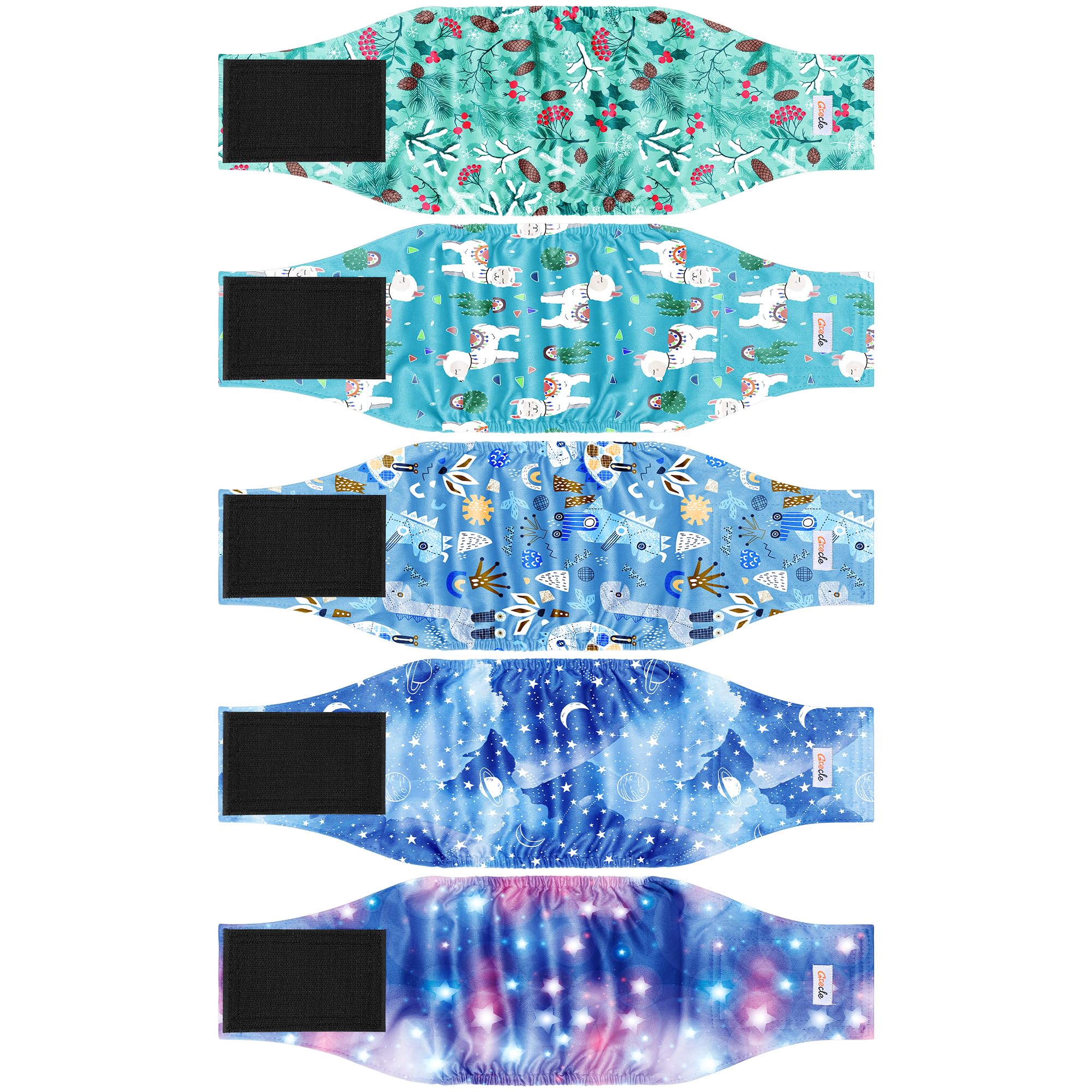 Grecle 5-pack dog diapers show pattern variety for daily wear and training
