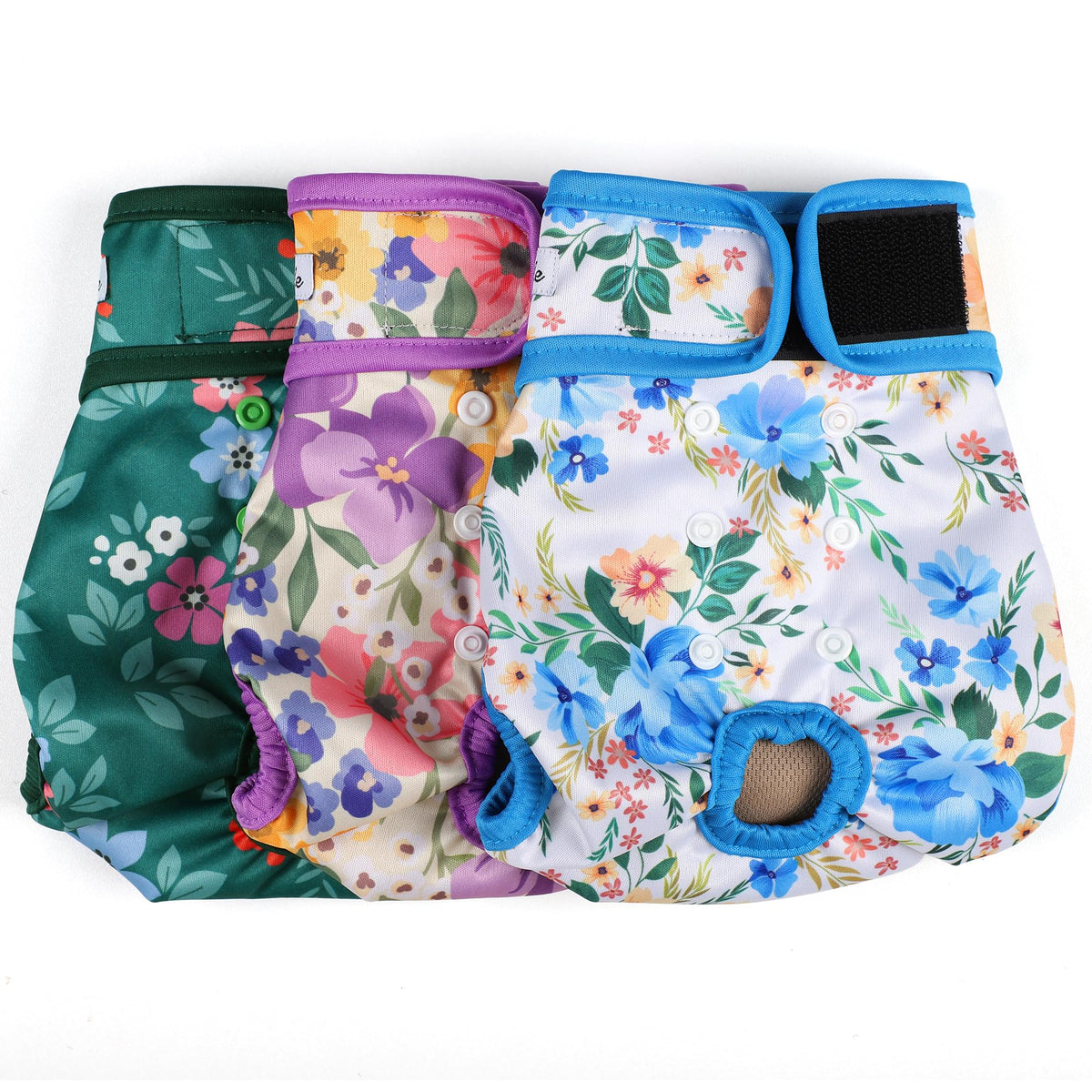 GrecLe dog diapers female fit with snaps in green for secure, adjustable sizing.