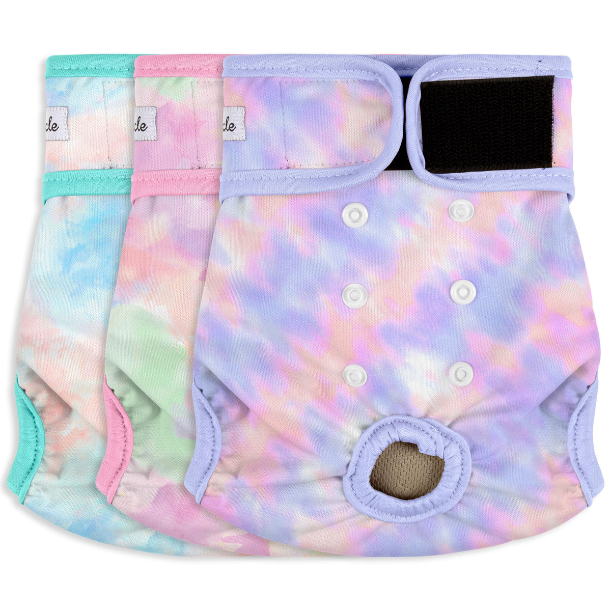Grecle dog diapers tie-dye packaging shows adjustable XL fit for larger breeds