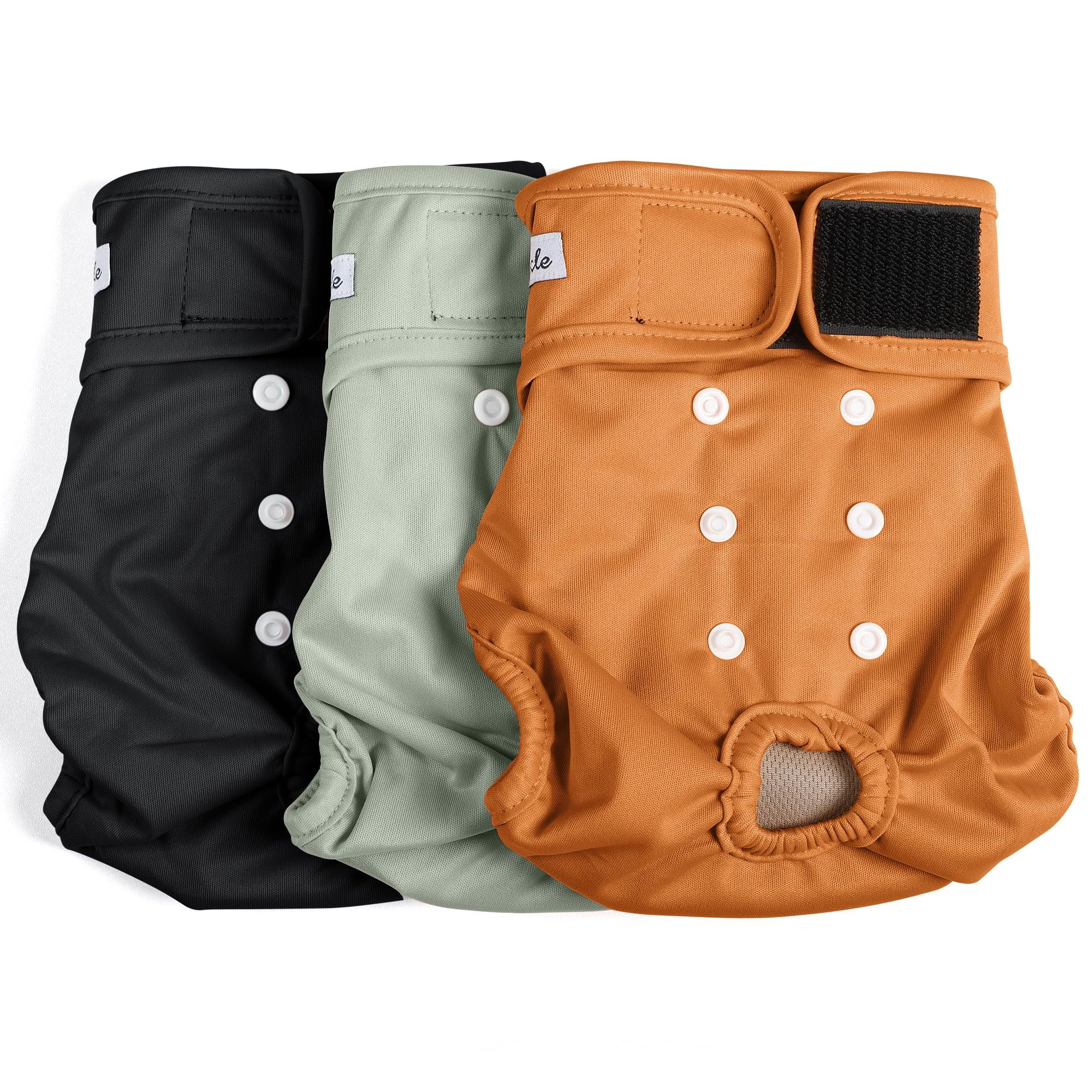 Grecle female dog diapers cover with brown fabric and adjustable snaps for secure fit