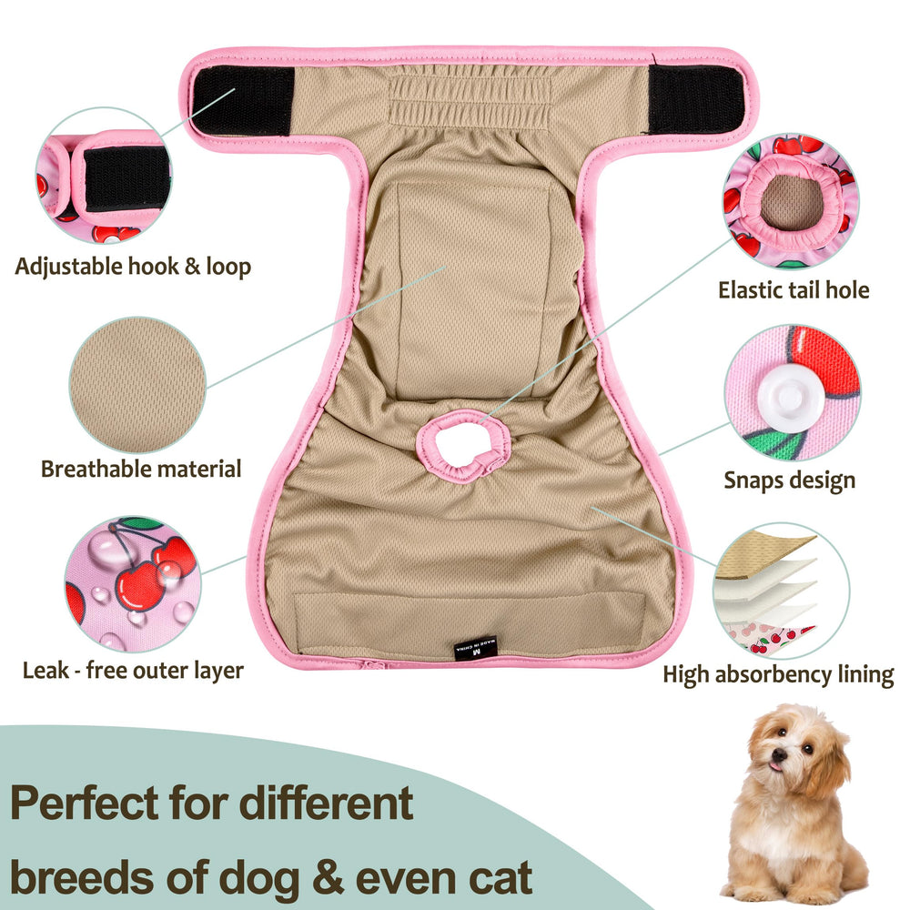Grecle female dog diapers feature hook-and-loop and snaps for a customized fit.