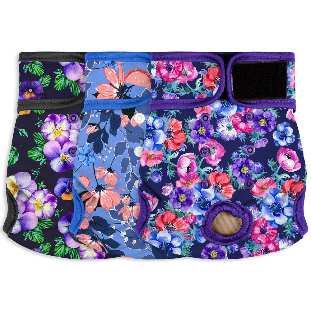 Grecle female dog diapers with rose flower design provide comfortable protection during heat and incontinence.