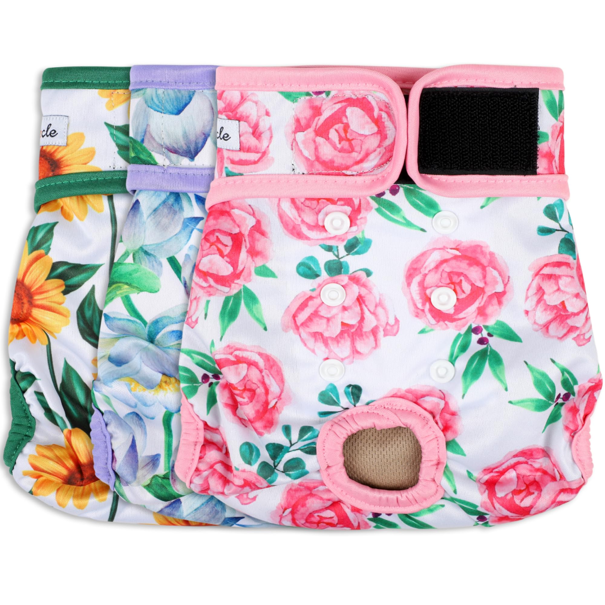 Grecle washable dog diapers Sunflower front view with adjustable snaps for snug fit.