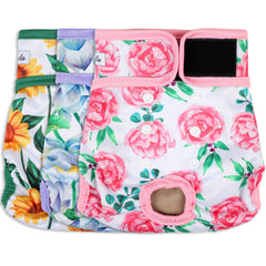 Grecle washable dog diapers Sunflower front view with adjustable snaps for snug fit.
