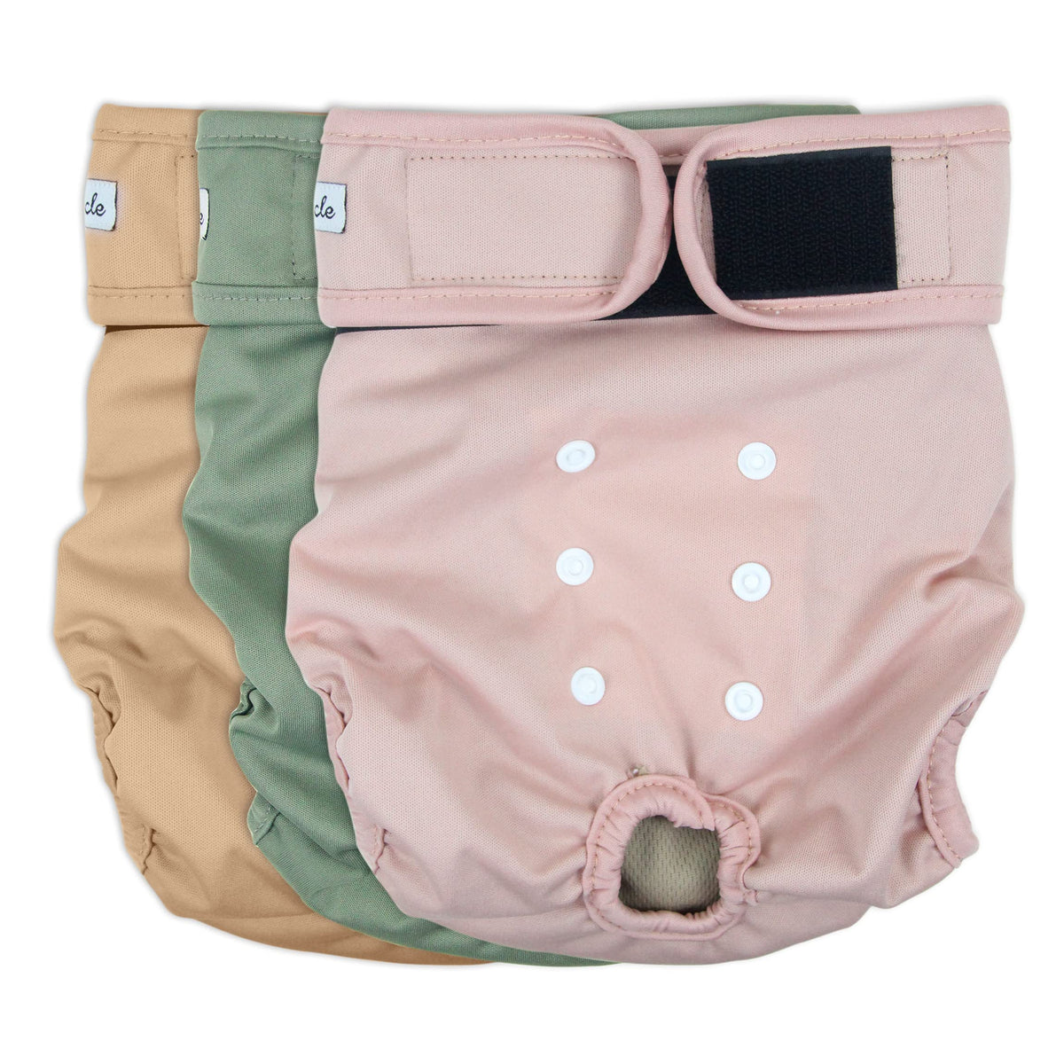 Grecle washable female dog diapers pink closeup shows comfortable fit and leak protection.