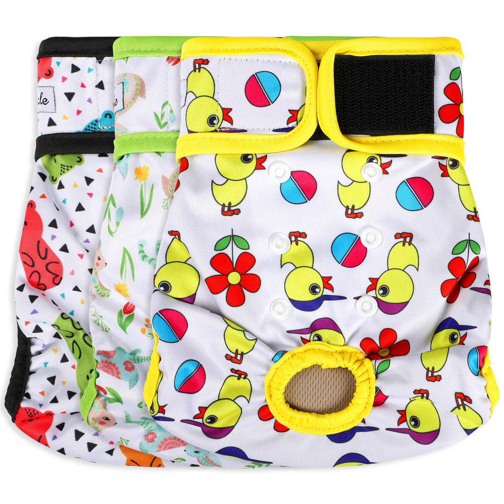 Grecle washable female dog diapers size-selection shows flexible sizing for a comfortable, secure fit.