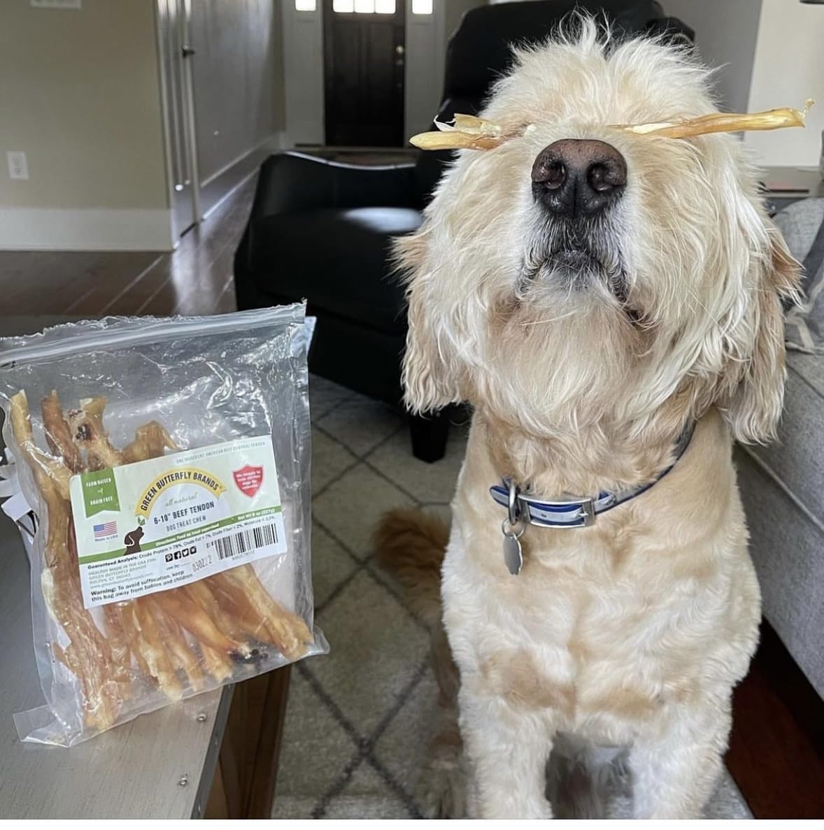 Green Butterfly Brands Beef Tendons 8-ounce pack demonstrates convenient home packaging.