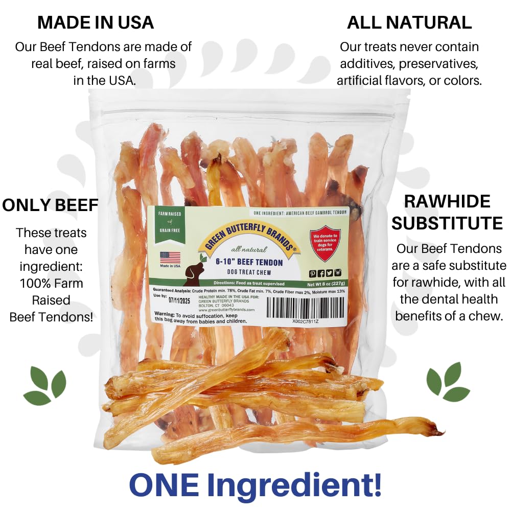 Green Butterfly Brands Beef Tendons grass-fed origin close-up highlighting natural texture and high-protein chew.