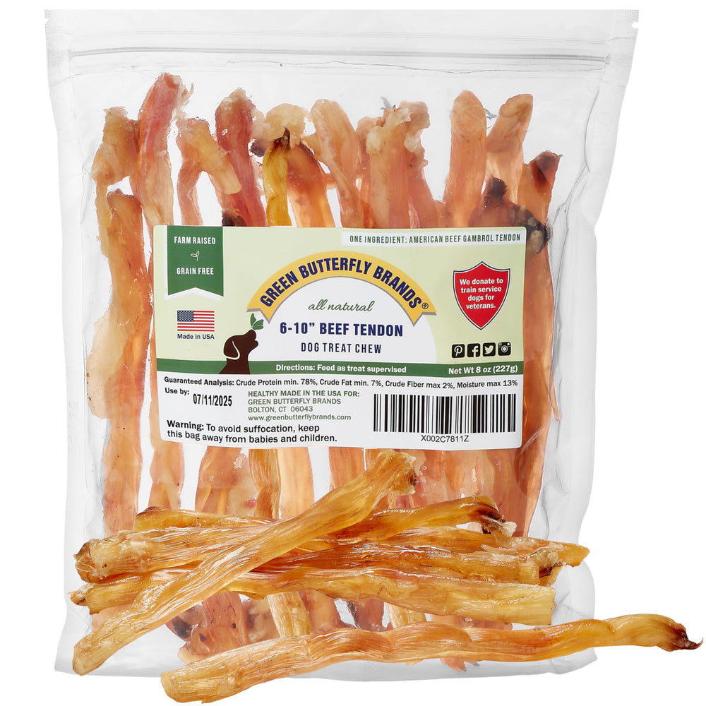 Green Butterfly Brands Beef Tendons packaging shows label, convenient protein-rich chew for all breeds.
