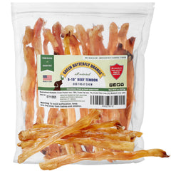 Green Butterfly Brands Beef Tendons packaging shows label, convenient protein-rich chew for all breeds.