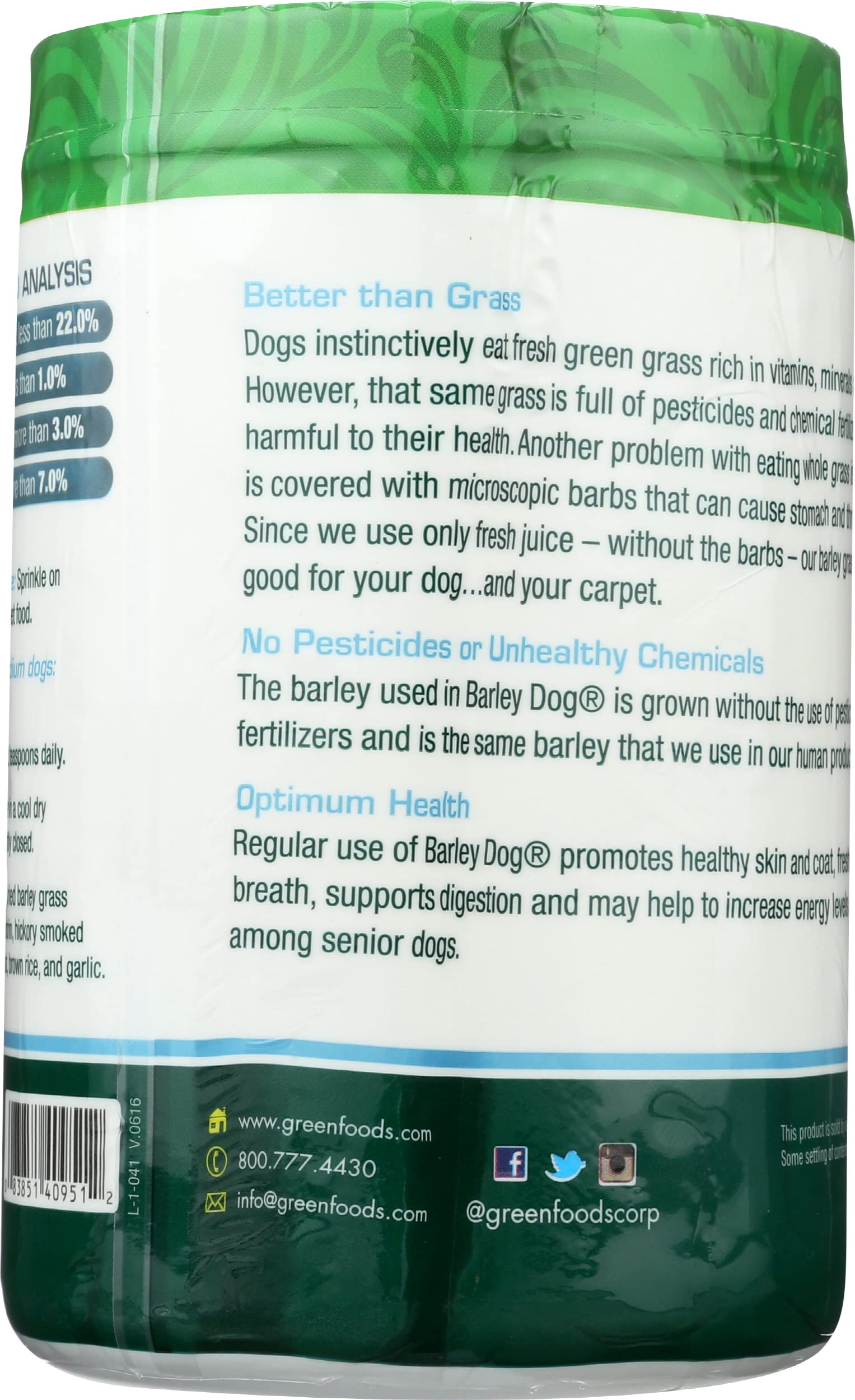 Green Foods Barley Dog label highlights barley grass nutrition for daily wellness.