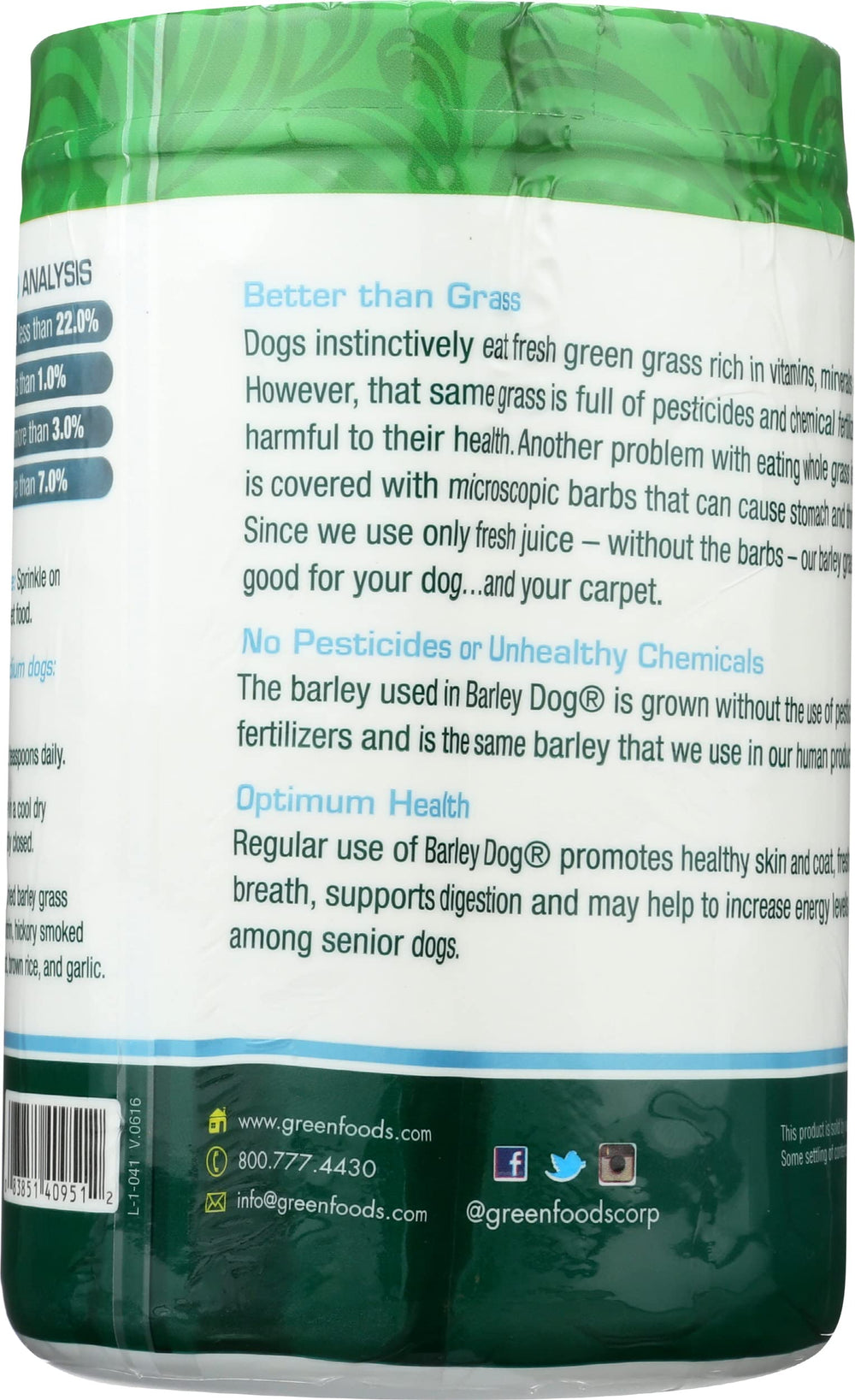 Green Foods Barley Dog label highlights barley grass nutrition for daily wellness.