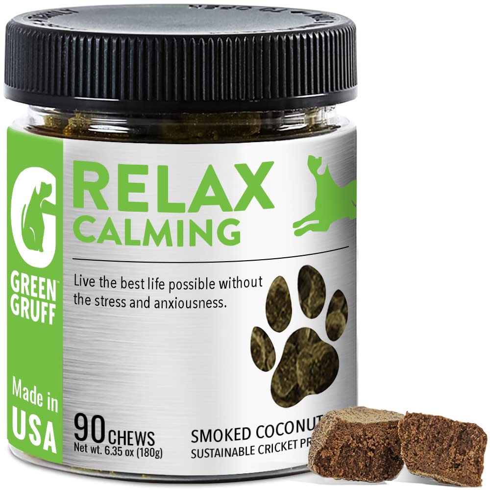 Green Gruff calming chews dog-bottle shows a full container for on-the-go stress relief.