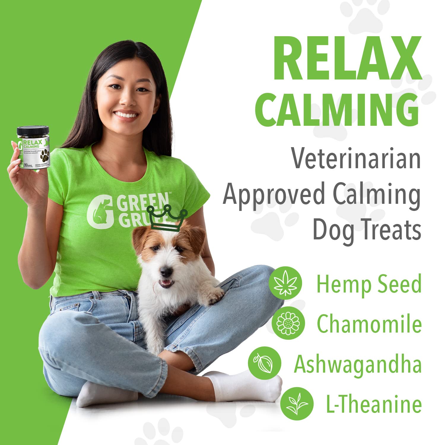 Green Gruff calming chews dog-treats-closeup highlights smoked coconut flavor for daily calm.