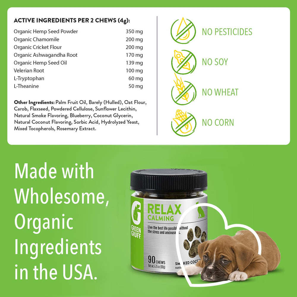 Green Gruff calming chews ingredients-blend emphasizes hemp, chamomile, cricket powder for holistic support.