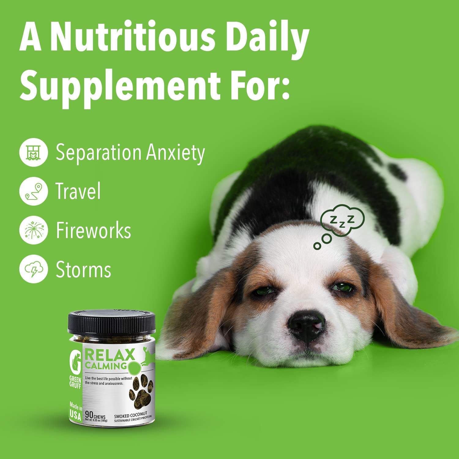 Green Gruff calming chews travel-pack demonstrates convenient dosing during car rides or trips.