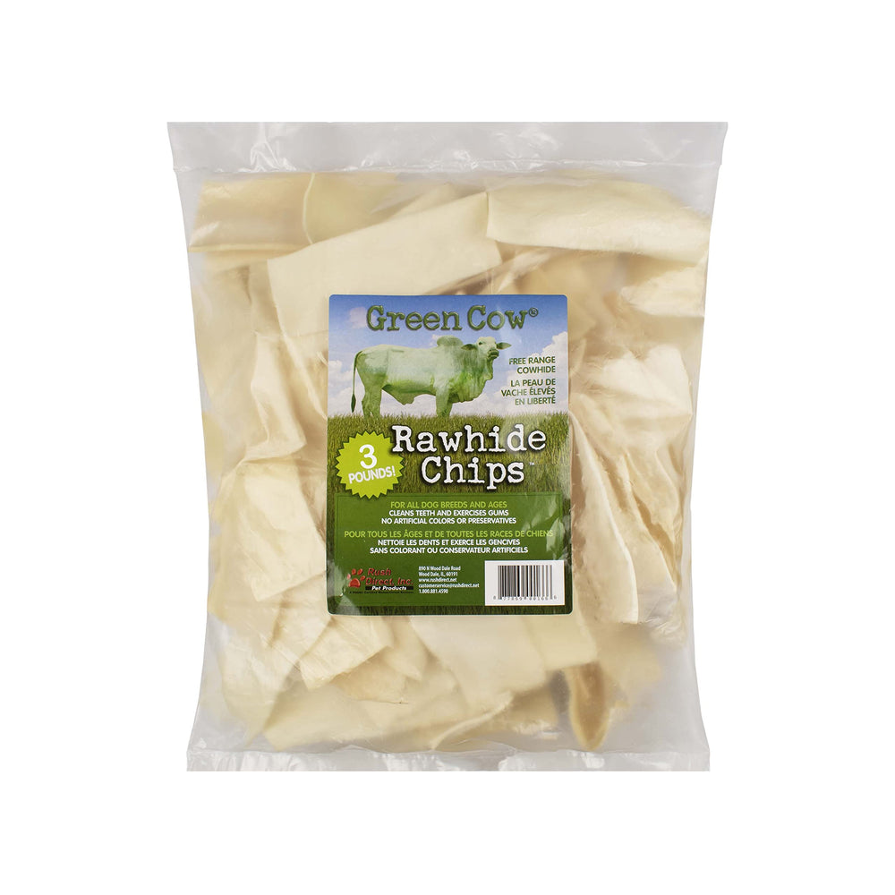 GreenCow Rawhide Chips bag front showing bulk packaging for long-lasting chews