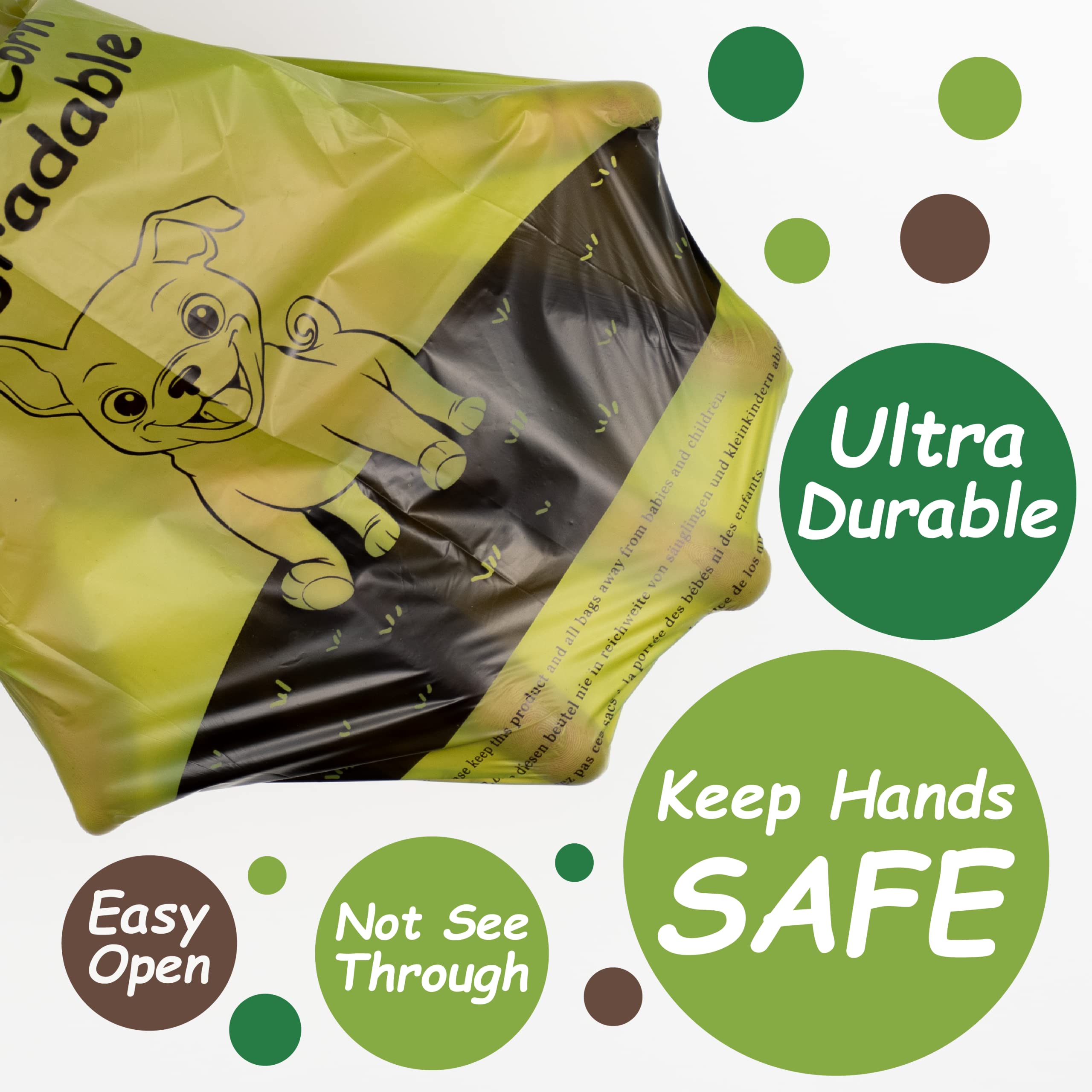 GREENER WALKER corn-starch bags highlighting eco-friendly material.