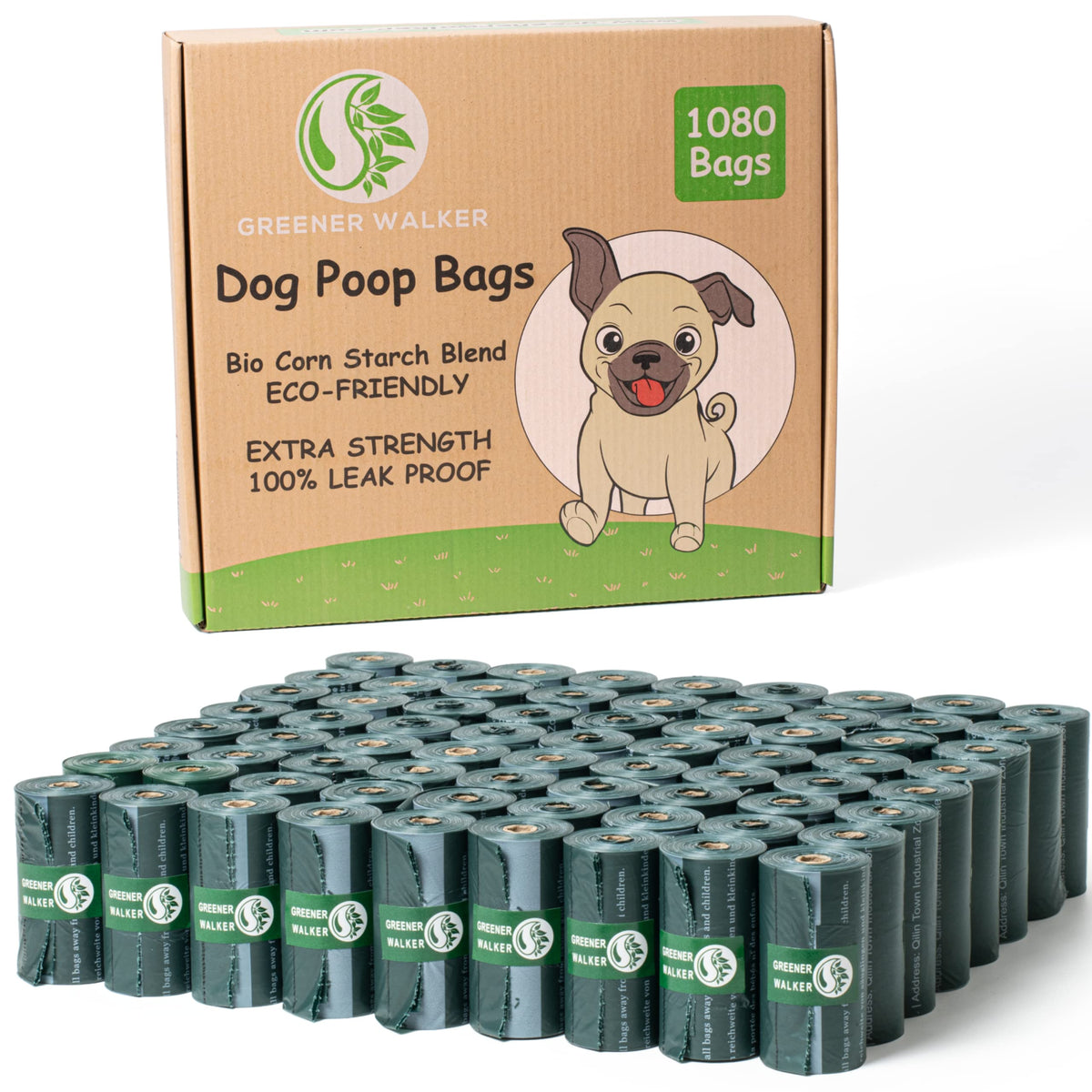 GREENER WALKER poop bags 1080-count box, extra-thick and leak-proof for clean waste pickup.