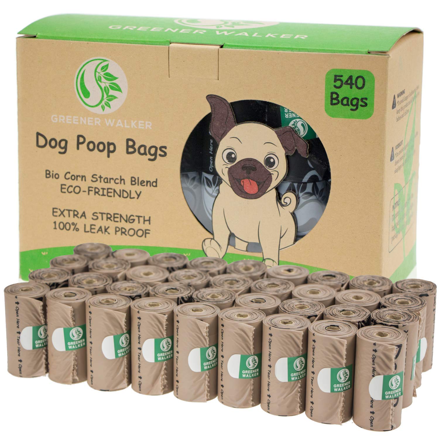 GREENER WALKER poop bags roll close-up shows extra-thick leak-proof protection for safe pickups