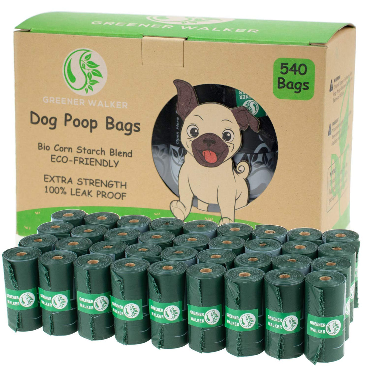 GREENER WALKER poop bags rolls shown fitting standard dispensers for easy pickup