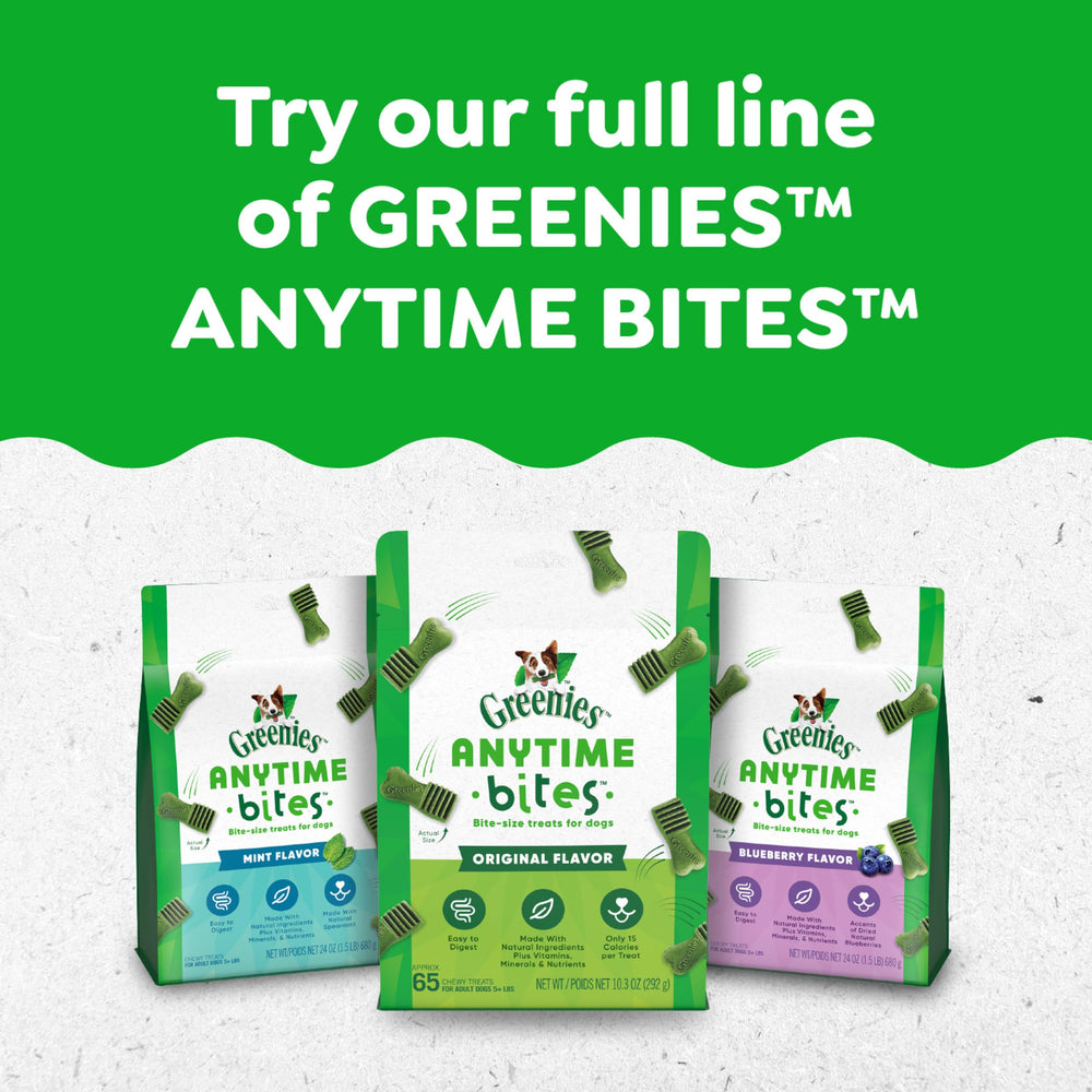 Greenies Anytime Bites 15 calories per treat supports frequent rewarding