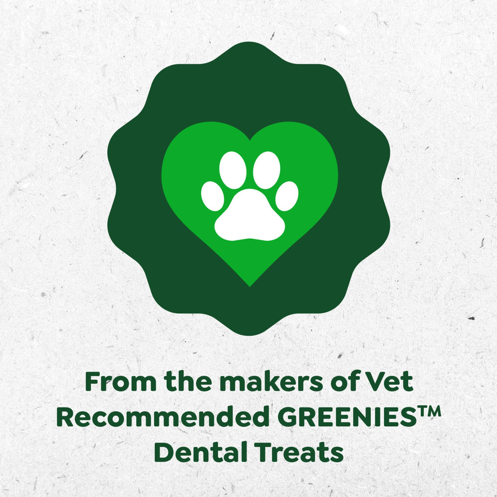 Greenies Anytime Bites dog-delight shows a happy pup after a chew