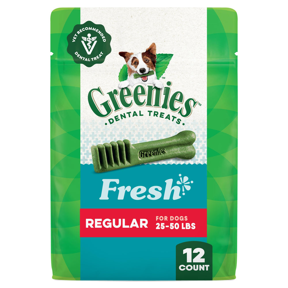 Greenies dental treats regular-size package mint flavor for daily oral care.