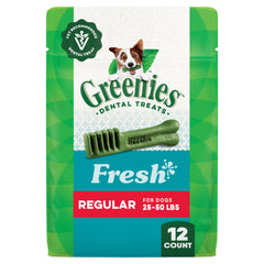 Greenies dental treats regular-size package mint flavor for daily oral care.