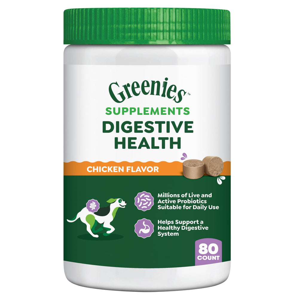 Greenies Digestive Health bottle front highlights real chicken flavor for tastier daily supplements.