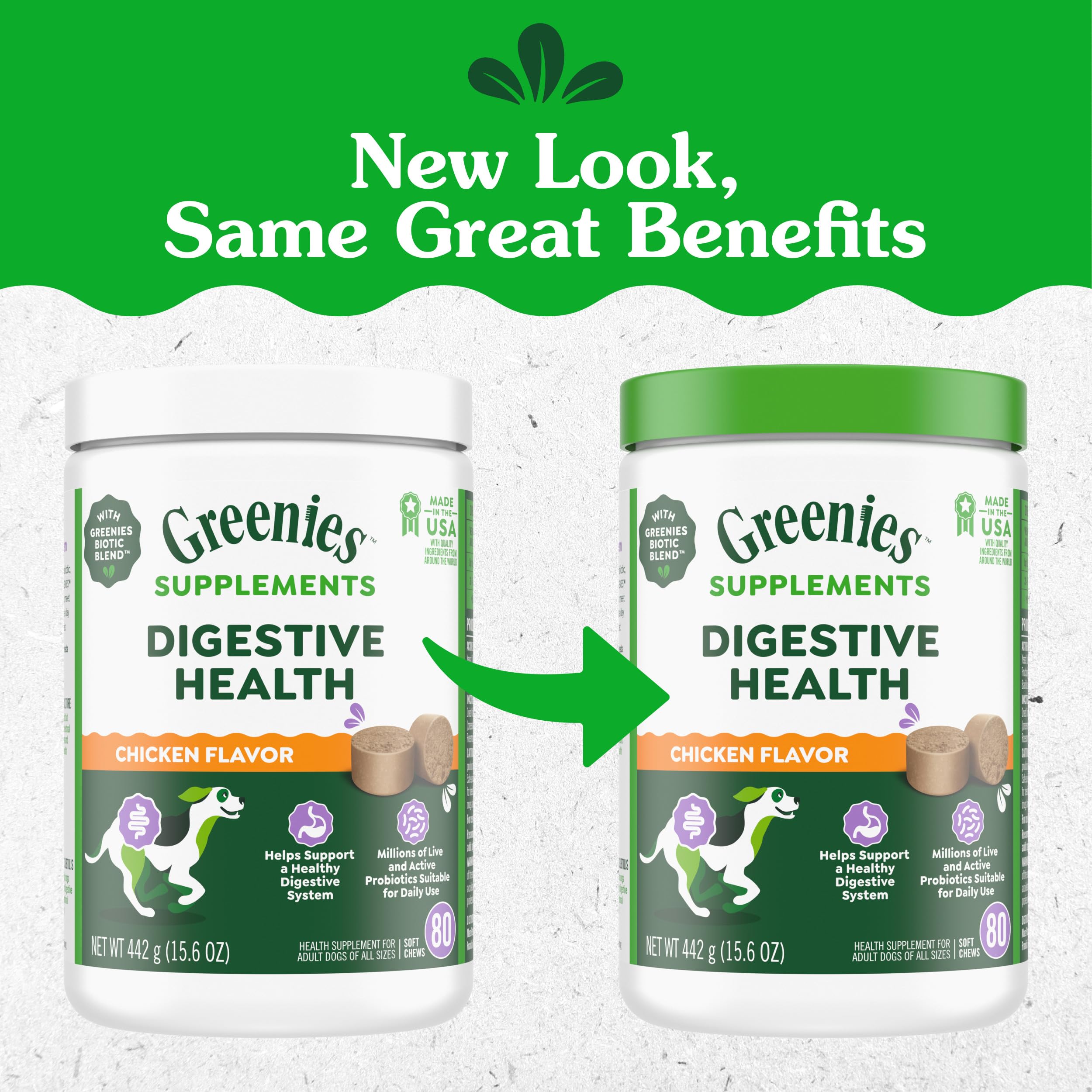 Greenies Digestive Health chicken flavor closeup emphasizes palatability and daily use.