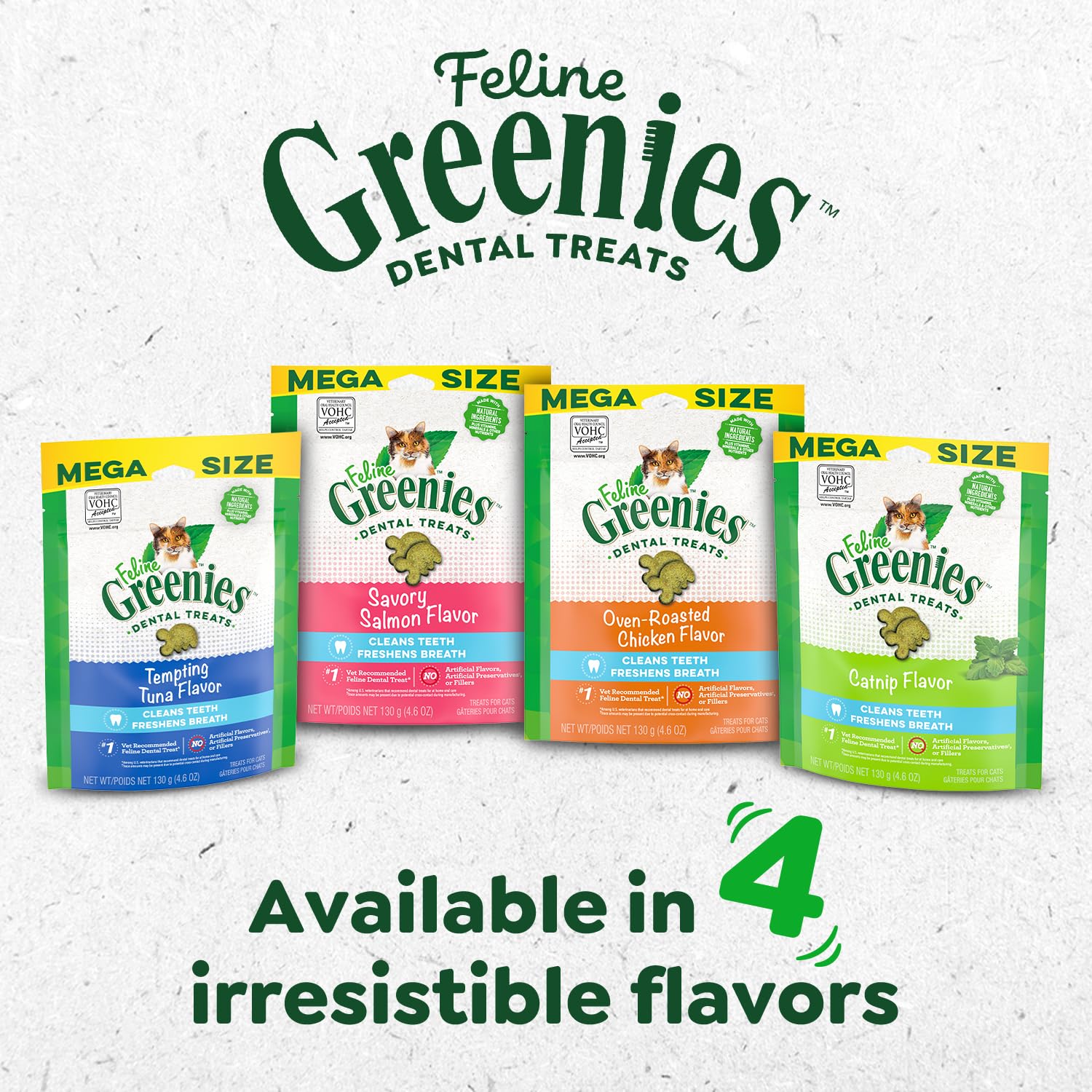 Greenies Feline Dental Treats bite-size-nuggets arranged show easy serving as part of routine.
