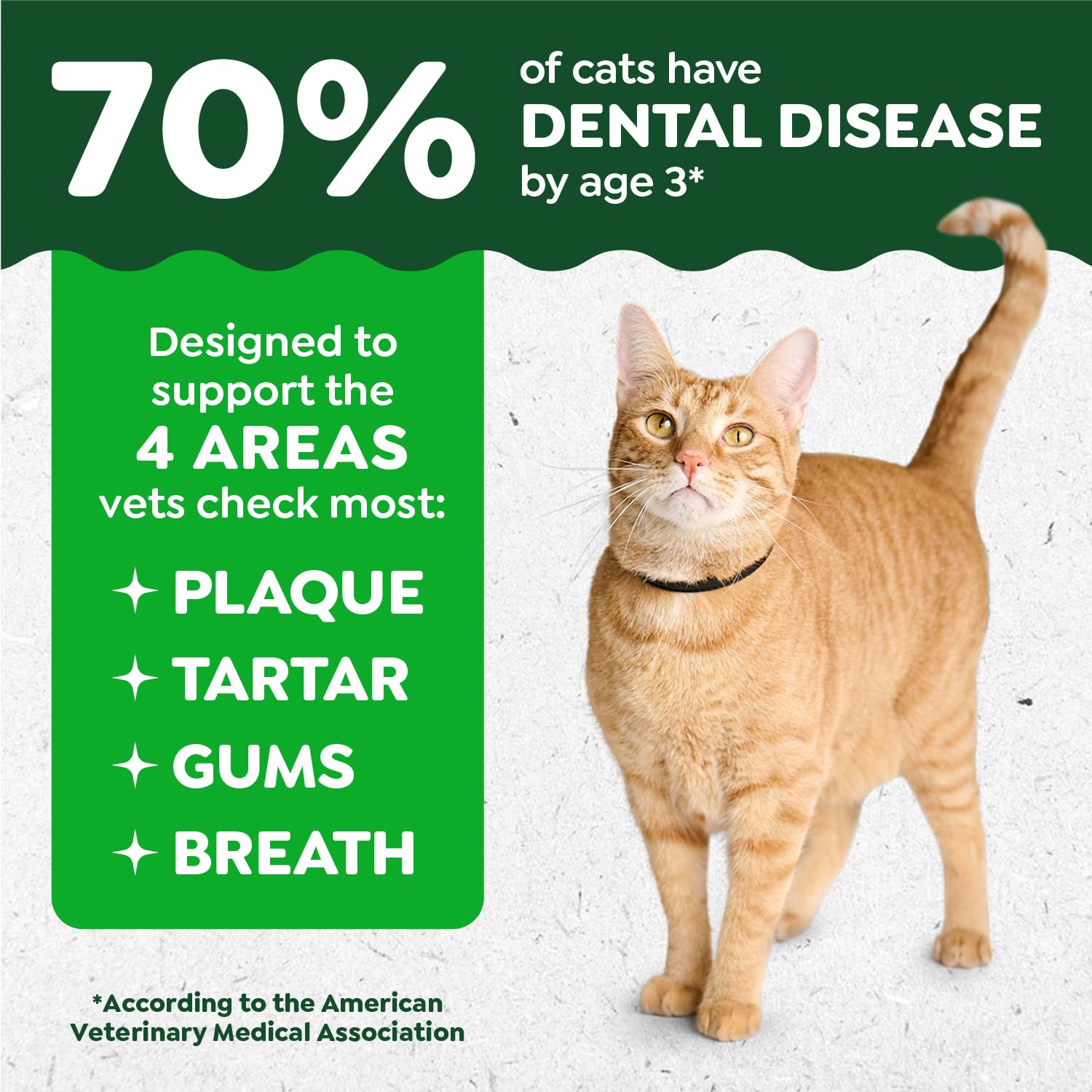 Greenies Feline Dental Treats clean-down-to-gumline close-up demonstrates brushing-like action for fresh breath.