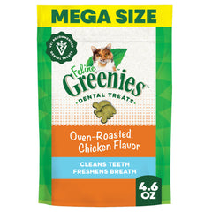 Greenies Feline Dental Treats oven-roasted chicken bag demonstrates daily dental care support.