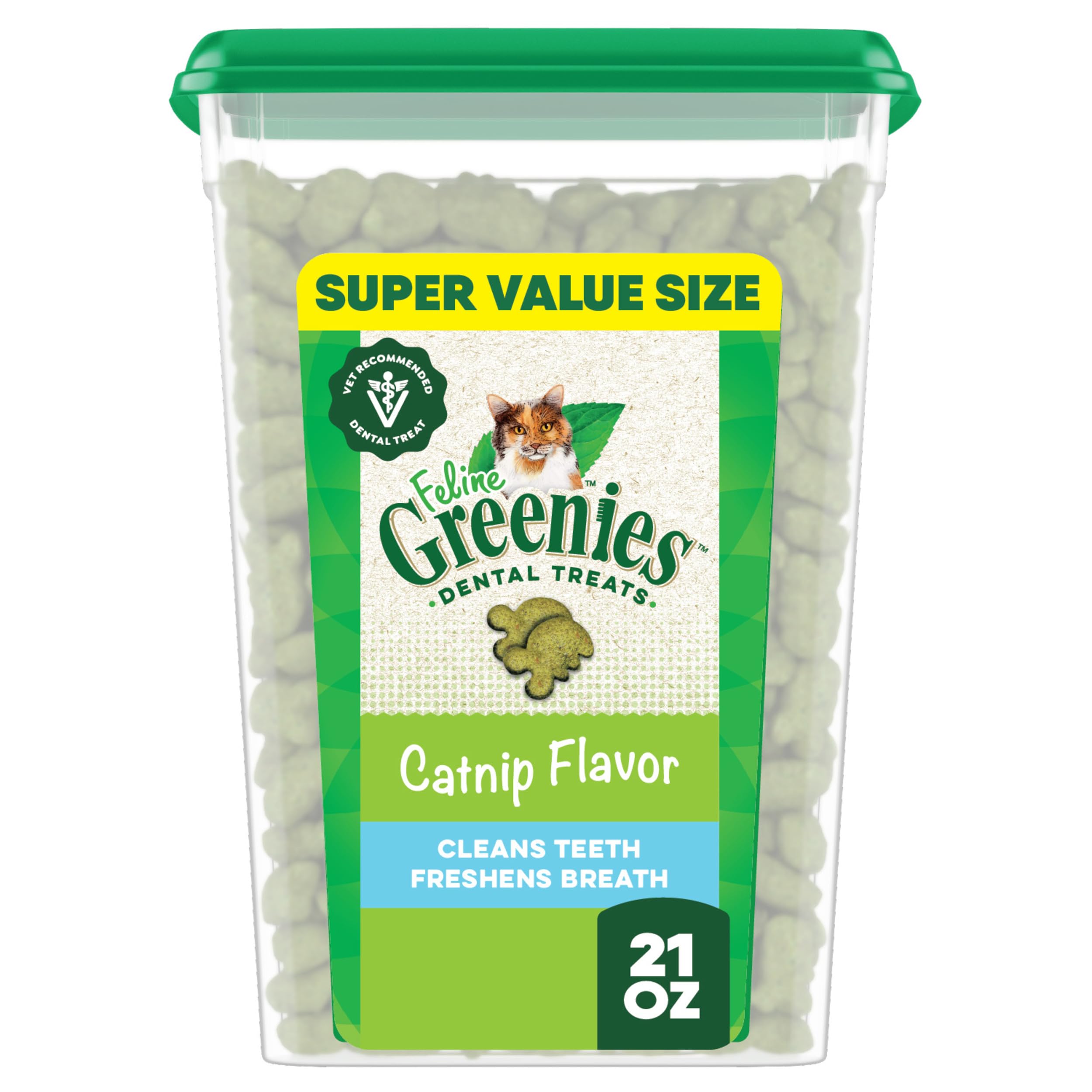 Greenies feline dental treats tub front for vet-recommended daily cat dental care.