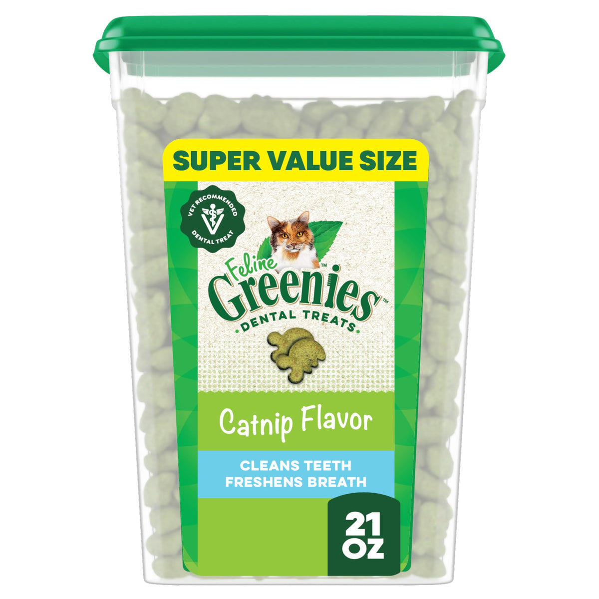 Greenies feline dental treats tub front for vet-recommended daily cat dental care.