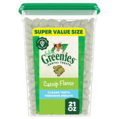 Greenies feline dental treats tub front for vet-recommended daily cat dental care.