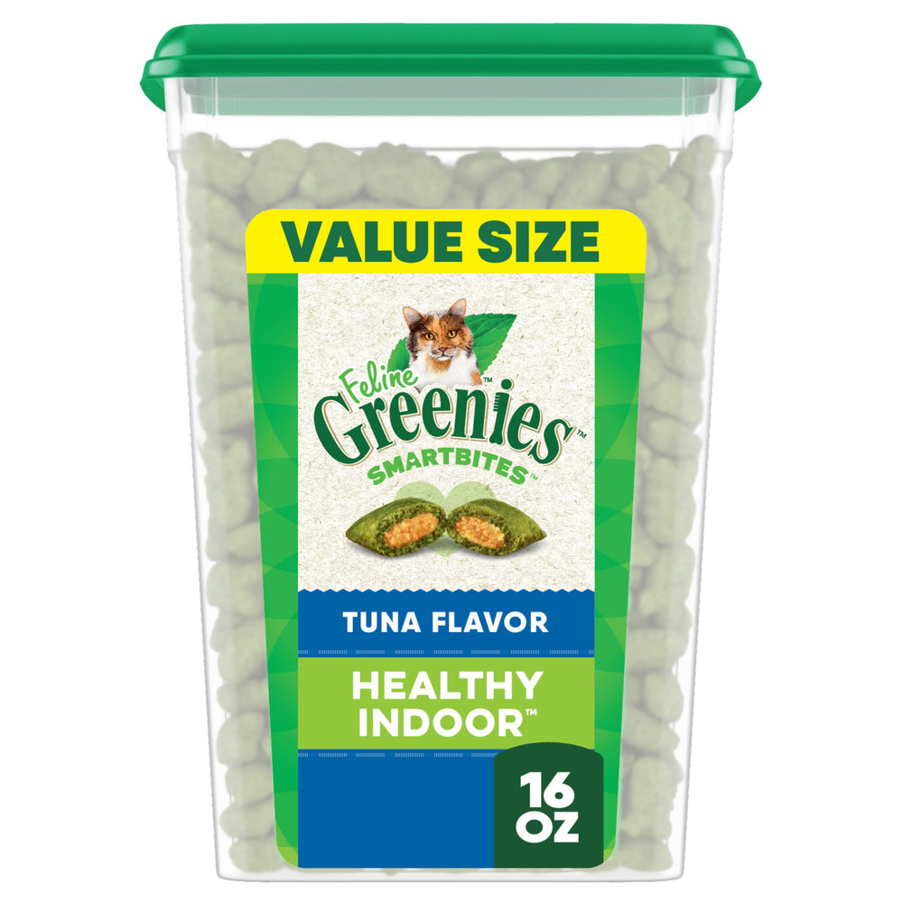 Greenies Feline Smartbites tuna-tub-front – tasty indoor reward for picky eaters