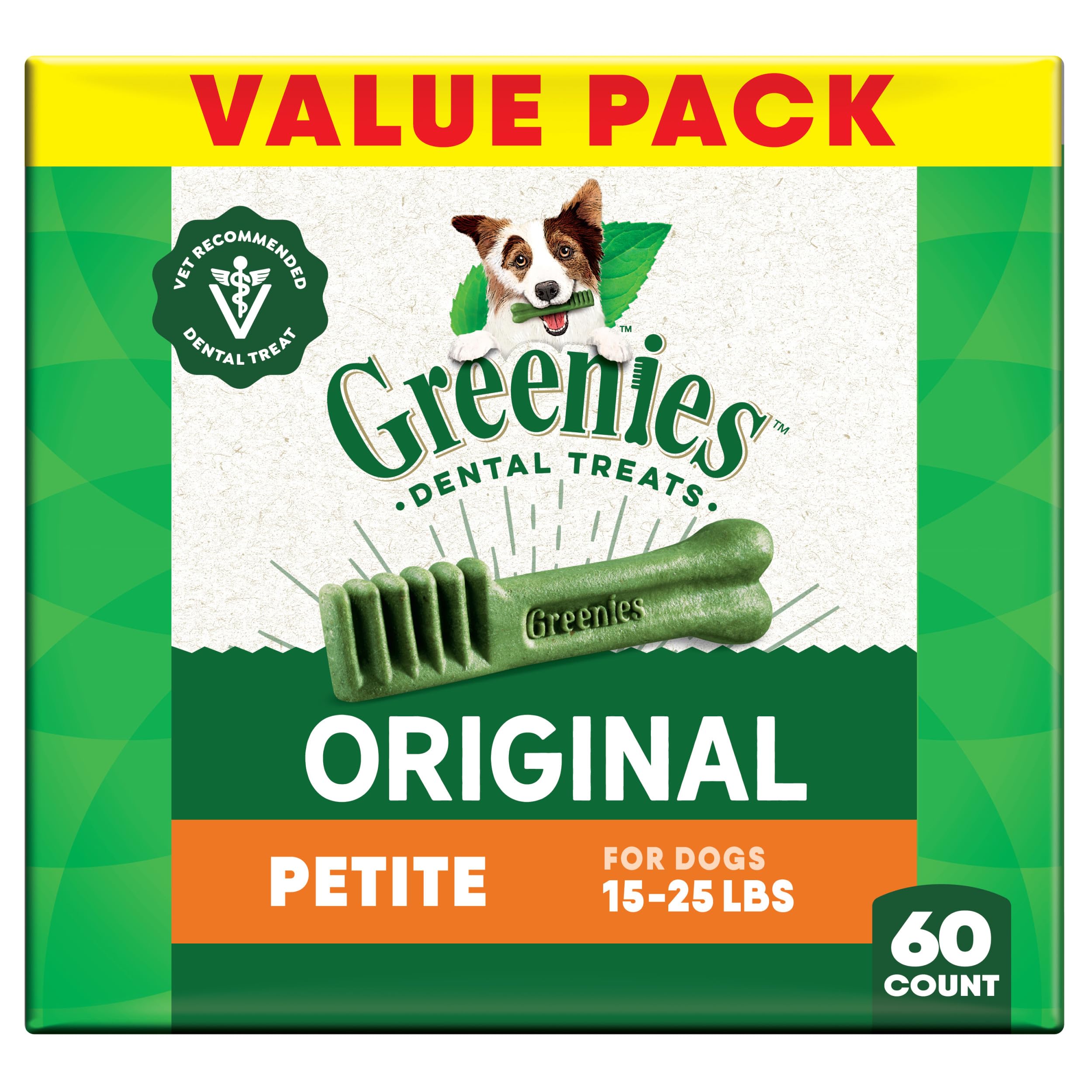 Greenies original dental dog treats packaging front promotes canine dental care for plaque and tartar control.