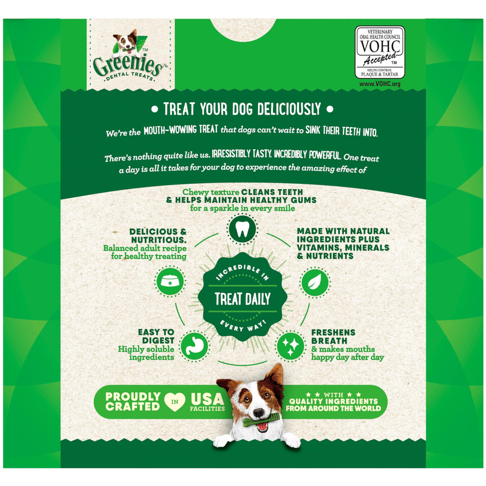 Greenies original dental treats breath-freshening action suggests healthier dog breath.