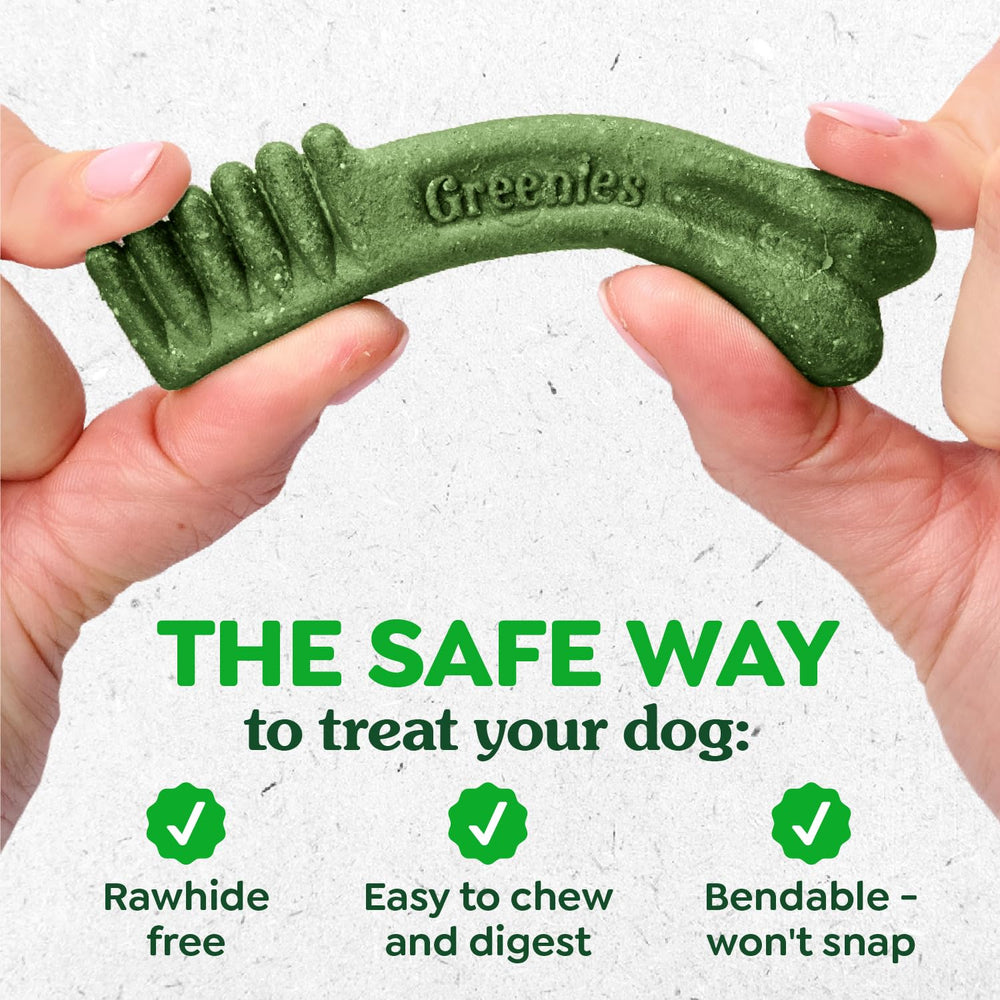 Greenies original dental treats natural ingredients label emphasizes safe, digestible chews.